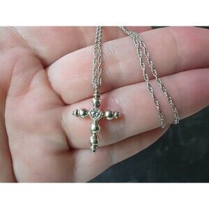 925 Sterling Silver Cubic Zirconia Accent Cross Shaped Pendant Necklace Vintage